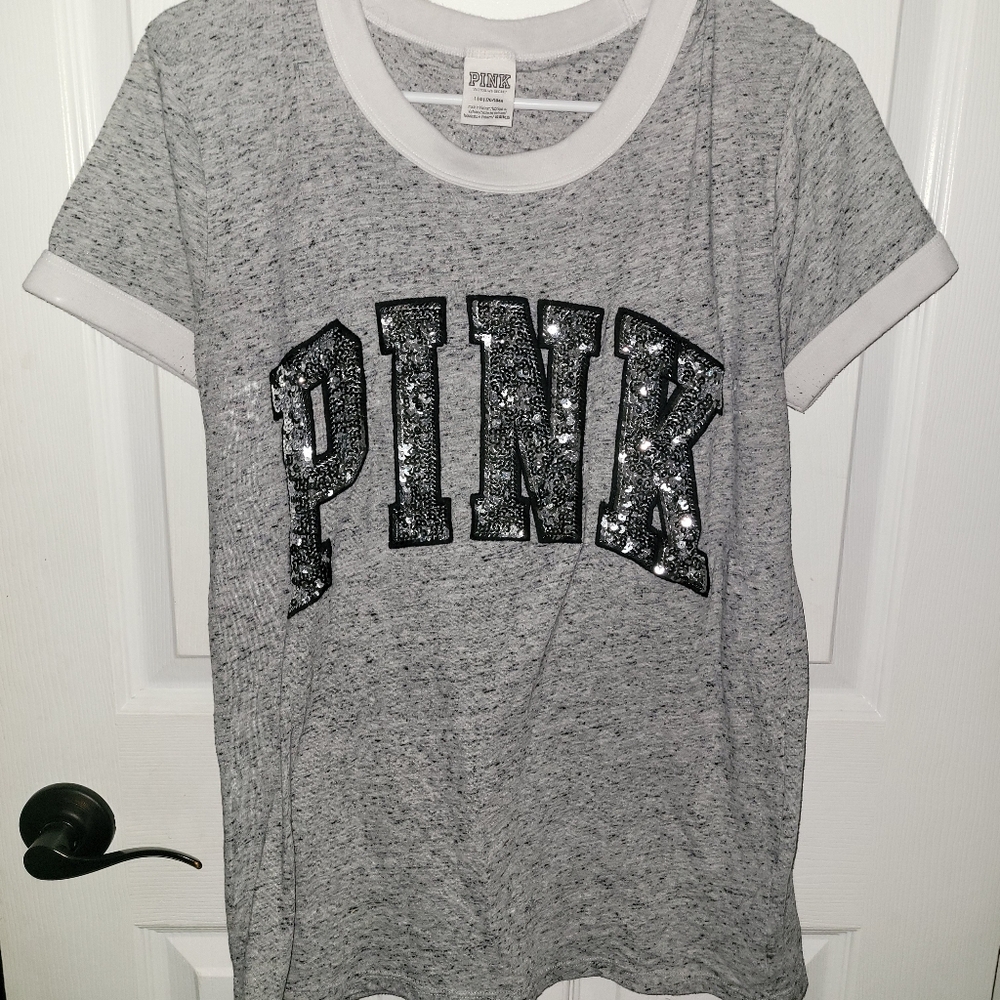 PINK bling logo silver sequin tee shirt